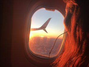 Mazzy's face in the morning sunrise on the plane