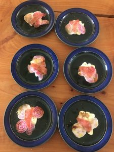 mozarella style cheese with beet, smoked salmon, and olive oil and balsamic vinegar