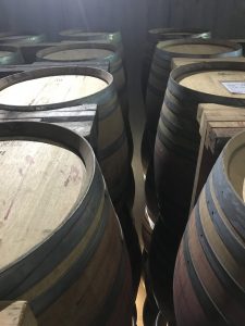 Wine barrels up to the ceiling.