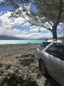 Lakeside camp spot at Lake Pukaki with a view of Mt. Cook