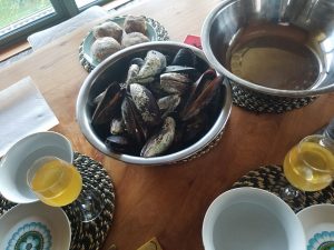 Our feast of mussels, served with home-baked buns made earlier in the day and persimmon wine