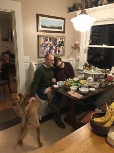 My Dad, my dog Lilly, and me (plus a truly ridiculous amount of food for 3 people)