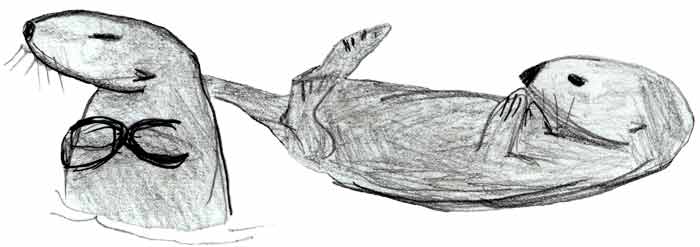A pencil sketch of a sea otter bobbing in the water while its companion floats on its back to the right.