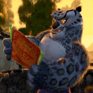 An anthropomorphic snow leopard from the movie Kung Fu Panda.