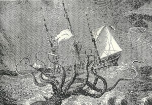 Image of an octopus attacking a ship.