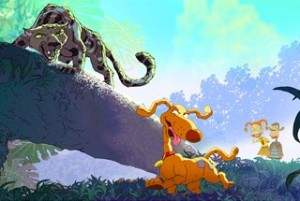 Siri, a clouded leopard, confronts Spike from the Rugrats.