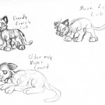 A few different attempts at a 'Disney' style of cartooning. Includes a mean female cub, a friendly female cub, and a cowardly adult male.