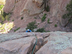 Eric Swenson trad climbing the first pitch of the Wind Ridge on the Wind Tower in Eldorado Canyon State Park near Boulder, Co. 