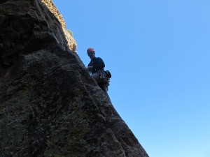 My friend Tom leading the second pitch of the Wind Tower.