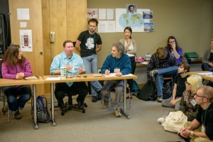 Alumni and faculty talk to students at Return to Evergreen
