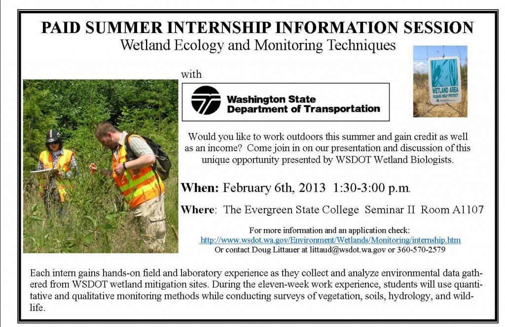 WSDOT Paid Summer Internship Information Session Wetland Ecology and