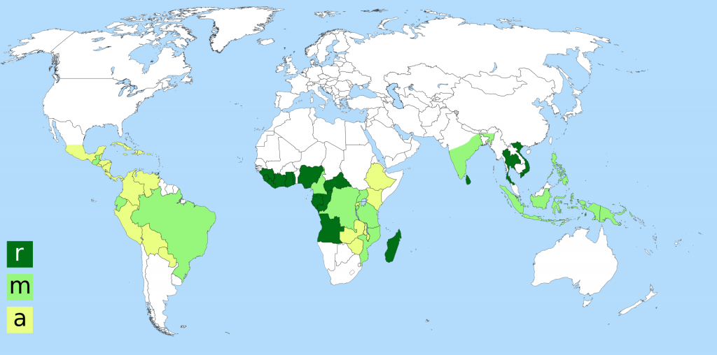 This map shows areas of coffee cultivation by type of coffee: r: Robusta m: Both Robusta and Arabica a: Arabica (Wikimedia)