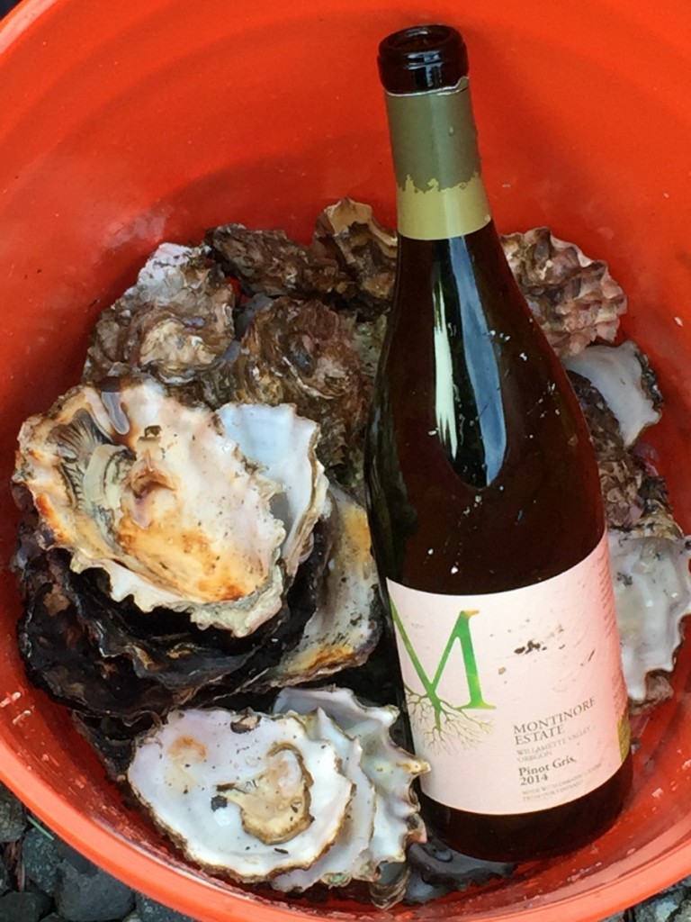 Oyster shells and biodynamic Pinot Gris from Montinore Estate in Oregon, enjoyed at Donedei Wines . photo by Lily