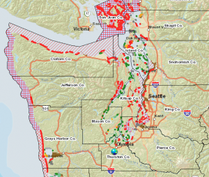  This is a map showing all of the current safe places and non safe places to cultivate oysters in Washington state.