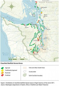 This map shows the diverse shellfish harvesting areas just within the Puget Sound. This means a lot of diverse aquatic environments that could alter the flavors within each oyster depending on their location.