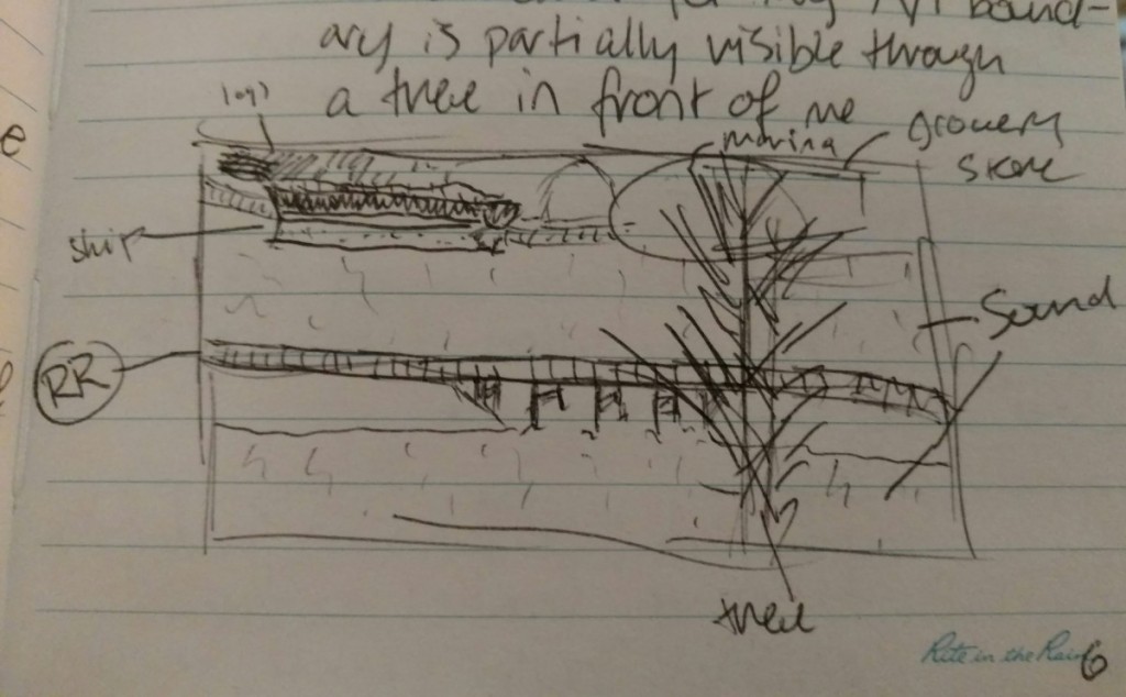 A sketch of train tracks cutting through the sound with Bayview grocery store and the Port of Olympia in the background. 