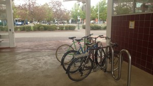 This is a photo of a bike rack and has a visual of inside looking out from the transit center. The photo has a wide shot and two point perspective with an expressionistic style because the bike rack gives off an emotional message symbolizing a care and acceptance for people coming from all types of transportation. 